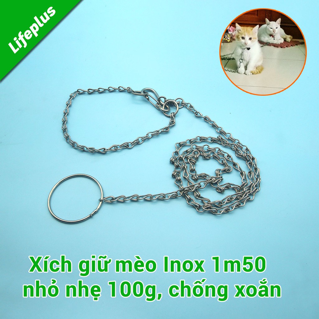 Xích giữ mèo Inox 1m50 nhỏ nhẹ 100g, chống xoắn, có thể tháo thành xích ngắn