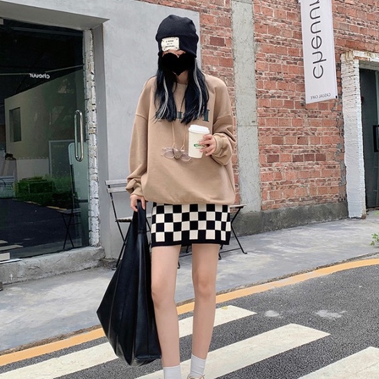 ihkke Chân váy len lưng cao họa tiết kẻ sọc trắng đen thời trang cho nữ