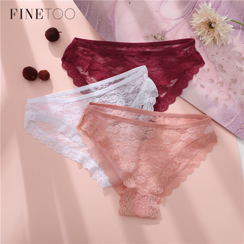 Bộ 3 cái quần lót ren FINETOO eo thấp cỡ lớn phối nơ hoa gợi cảm cho nữ | BigBuy360 - bigbuy360.vn