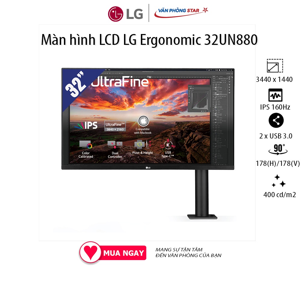 Màn hình LCD LG Ergonomic 32UN880 (3840 x 2160/IPS/60Hz/5 ms/FreeSync) Tỷ lệ 16:9 1 x DisplayPort 1.4, 2 x HDMI, 1 x USB