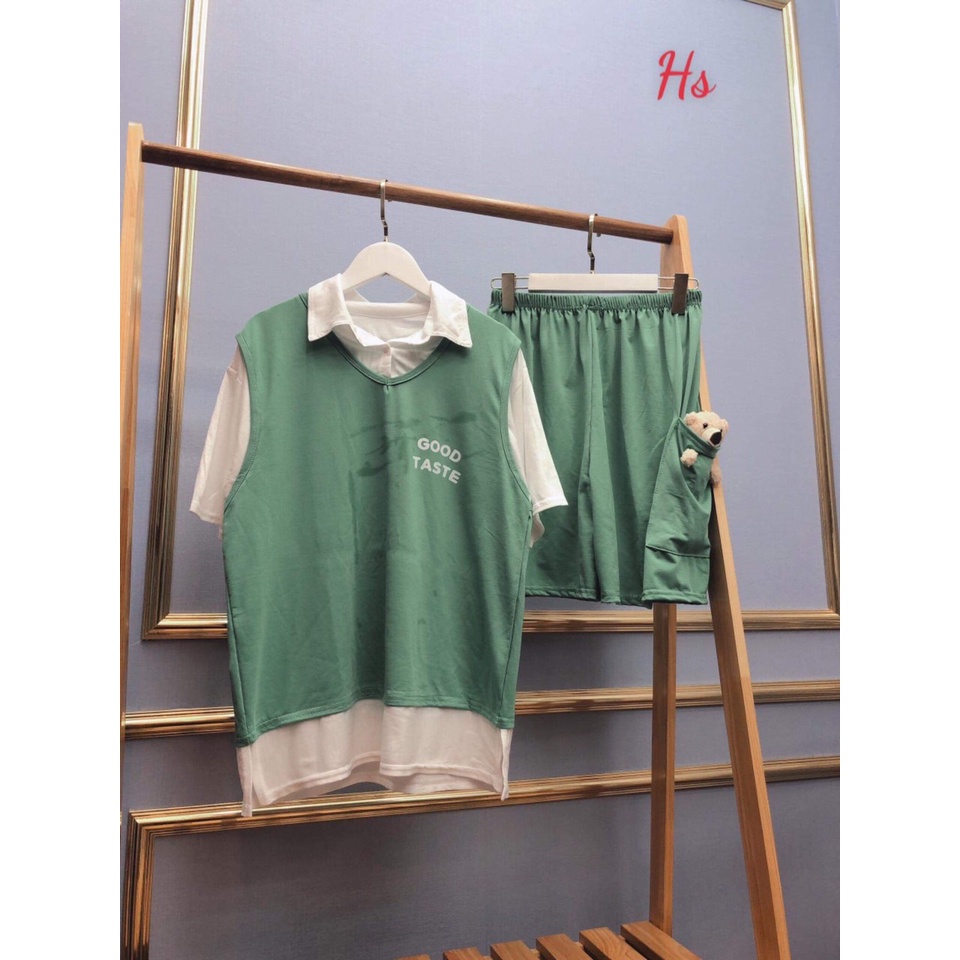 [ MẪU HÓT ] Set Bộ Nữ Good Tastle Kèm Gấu Chất Liệu Cotton màu xanh  SIEU KUTE