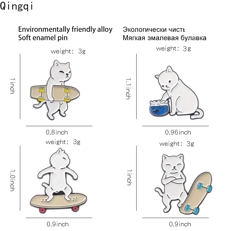 Ghim cài áo/balo MISS ZOE trang trí hình chú mèo trắng trượt ván kiểu hoạt hình tráng men thích hợp để làm quà tặng