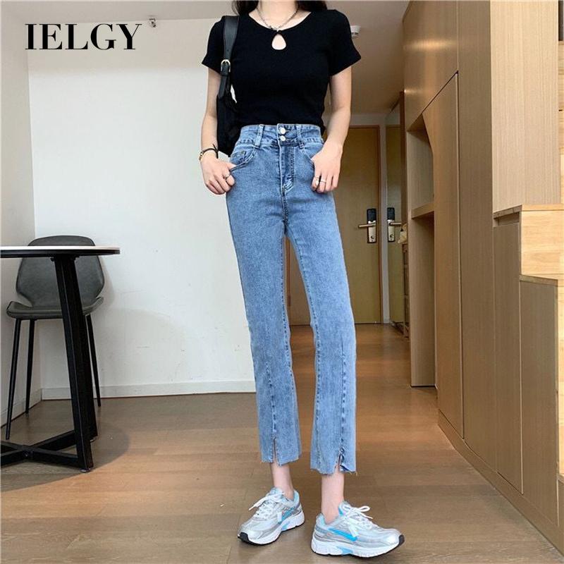 Quần jean IELGY cắt gấu xẻ tà cạp cao nút cài đôi size lớn cho nữ