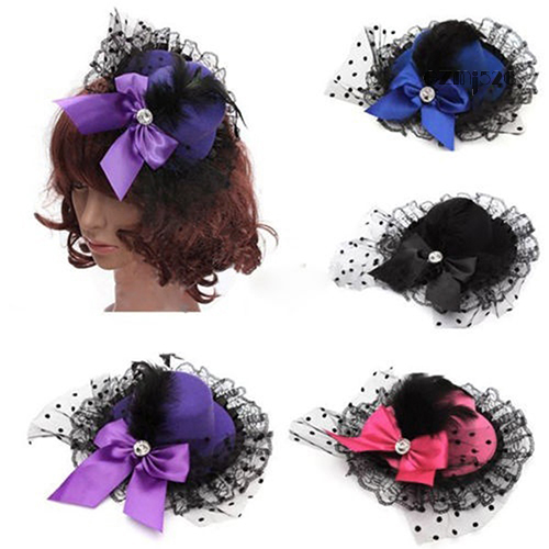 Gz Lady Mini Top Hat Cap Bowknot Decor Lace Fascinator Hair Clip Costume Accessory