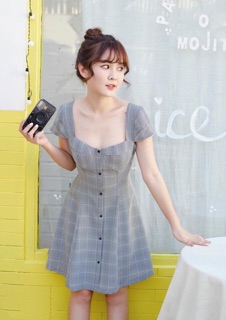 Đầm kẻ nút đen 2 màu (kèm hình thật)