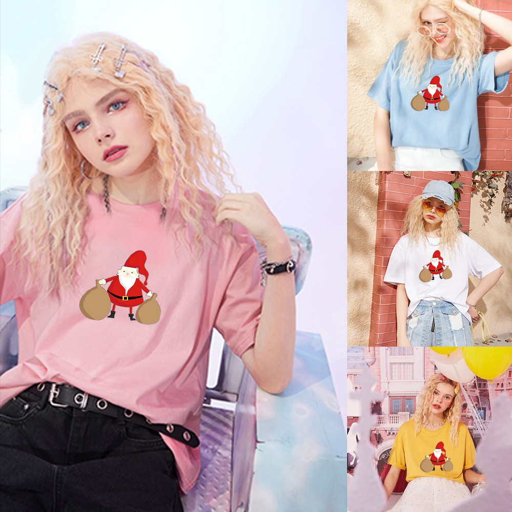 【Hàng Có sẵn】Áo thun Cotton in hình ông già Noel dễ thương thời trang mùa hè phong cách unisex