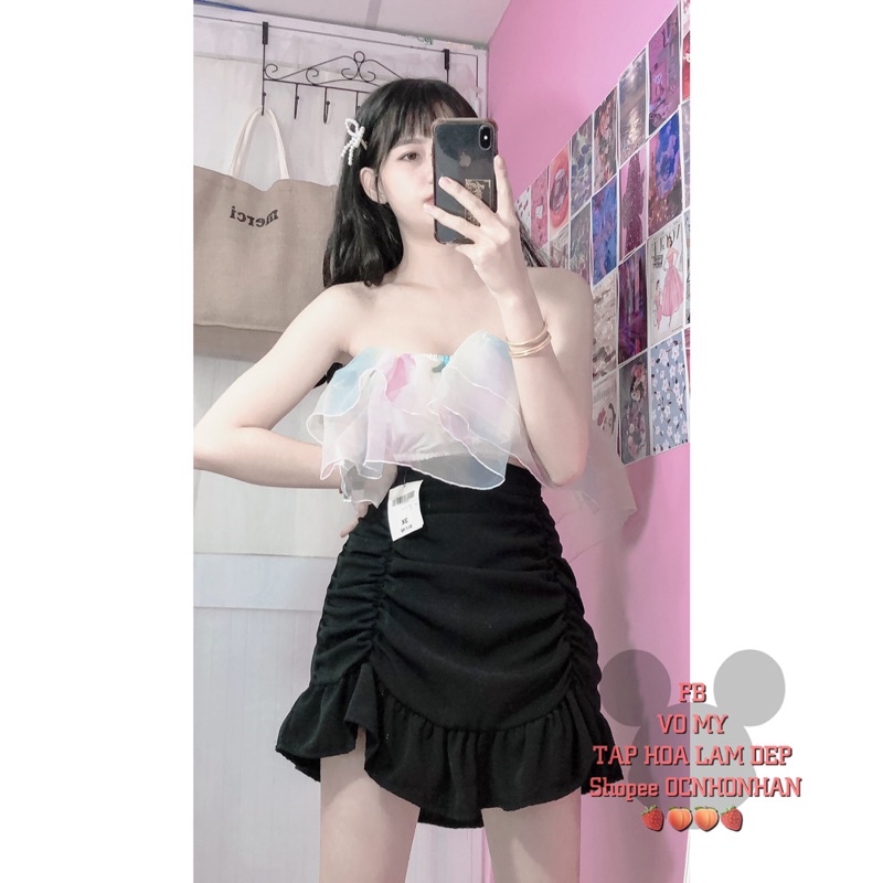 Set áo bẹt vai loang màu tầng chân váy đuôi cá