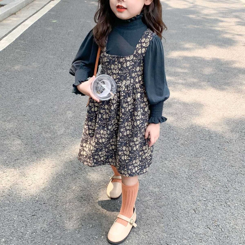 Set Đồ Mùa Thu 2 Món Gồm Đầm Dây Cotton + Áo Sơ Mi Cho Bé Gái