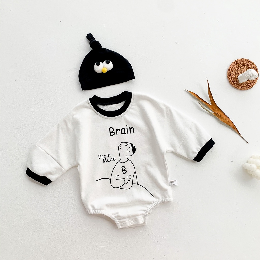 Bộ áo tay dài liền quần + mũ họa tiết đôi mắt lớn đáng yêu dành cho bé