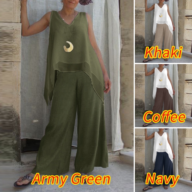 Set áo thun sát nách phối quần ống rộng ZANZEA thời trang cho nữ