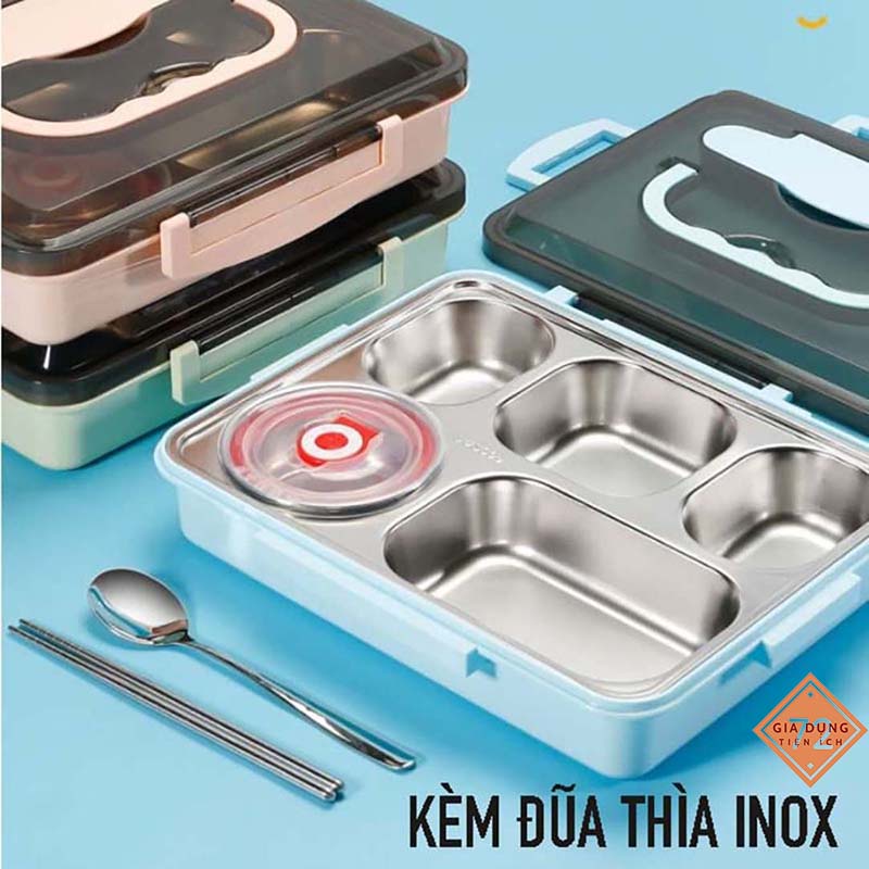 Khay Cơm Chia Phần 5 Ngăn Giữ Nhiệt INOX 304 + Tặng thìa + đũa [HỘP CƠM 5 NGĂN]