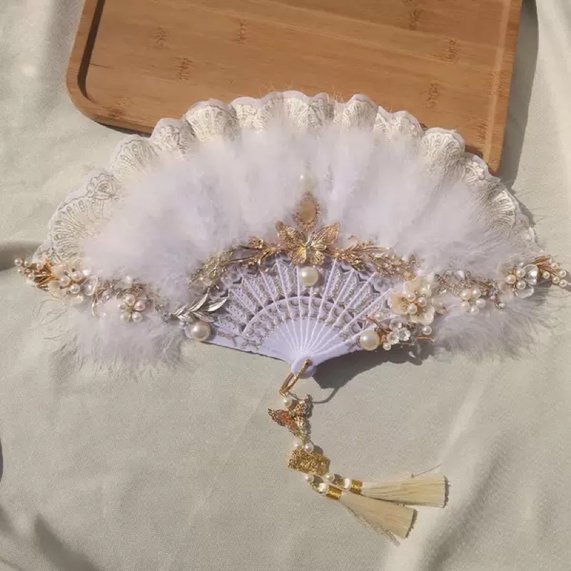 YASLC0113-Quạt lolita gắn lông phối tua rua