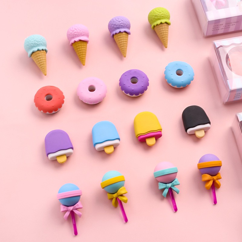 Set 4 Gôm Tẩy 3D Hình Bánh Donut Kem Kẹo Mút Dễ Thương Xinh Xắn Cục Tẩy Họa Tiết Cute Giá Rẻ Học Sinh VP5