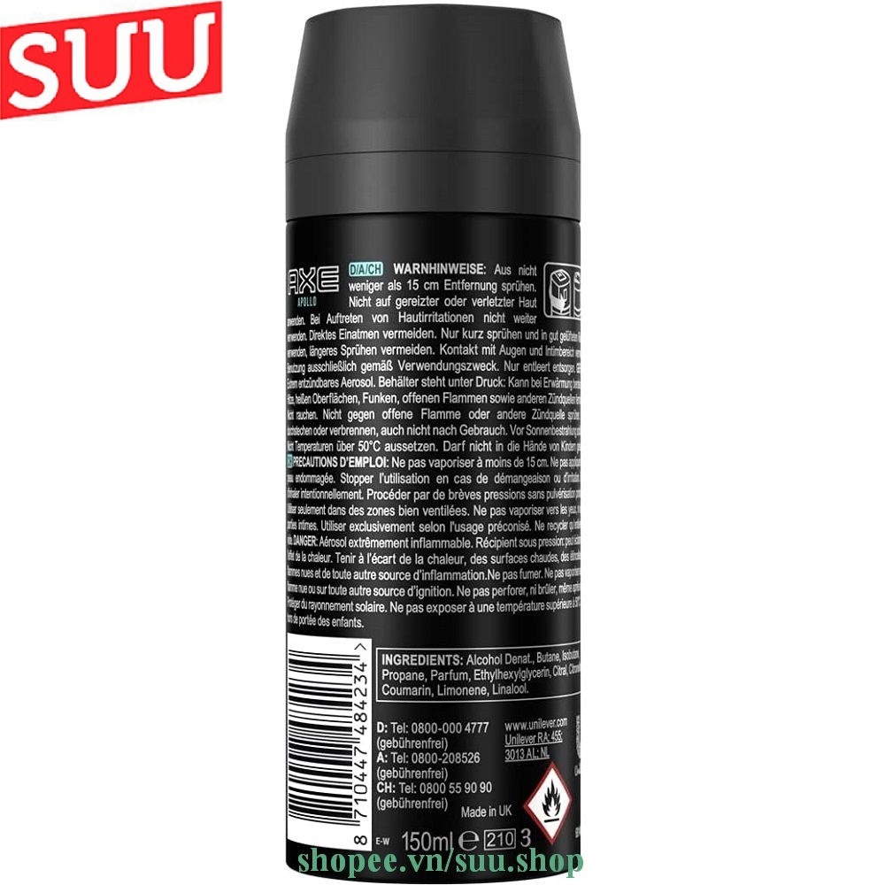 Xịt Khử Mùi 150Ml Axe Non Stop Apollo, suu.shop Cam Kết 100% Chính Hãng.