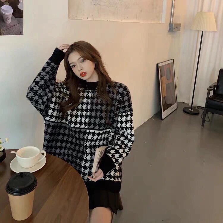 Áo sweater dệt kim dáng rộng họa tiết sọc caro thời trang Hàn Quốc