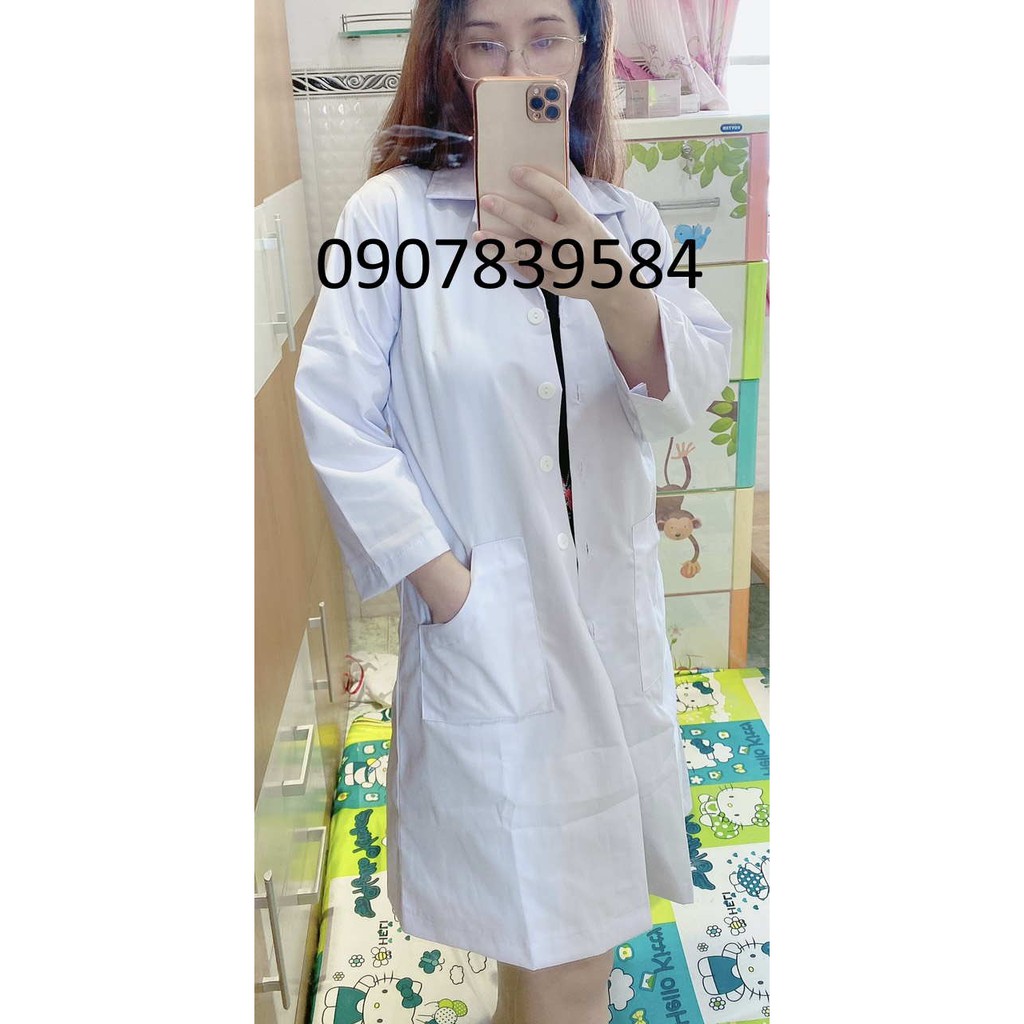 Áo blouse bác sĩ, thẫm mỹ, spa tay dài thân dài ngang đùi nam/nữ, vải đẹp