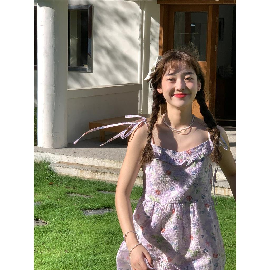 Đầm Hai Dây Lưng Cao Họa Tiết Hoa Màu Tím 62386