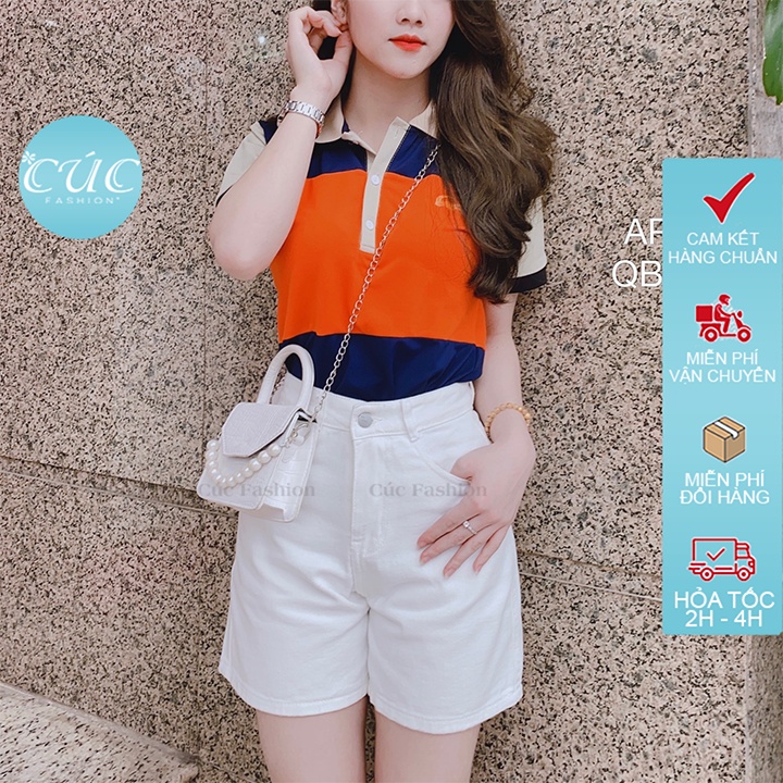 Áo phông polo Cúc Fashion unisex nam nữ đồng phục công sở tay ngắn vải thun cotton cá sấu phối cam cổ be  AP133