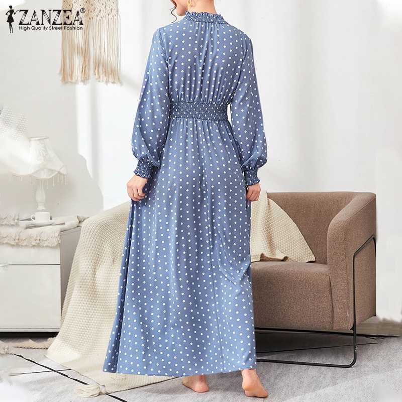 Đầm dài ZANZEA cổ đứng hoạ tiết chấm bi phong cách cổ điển dành cho nữ ZANZE