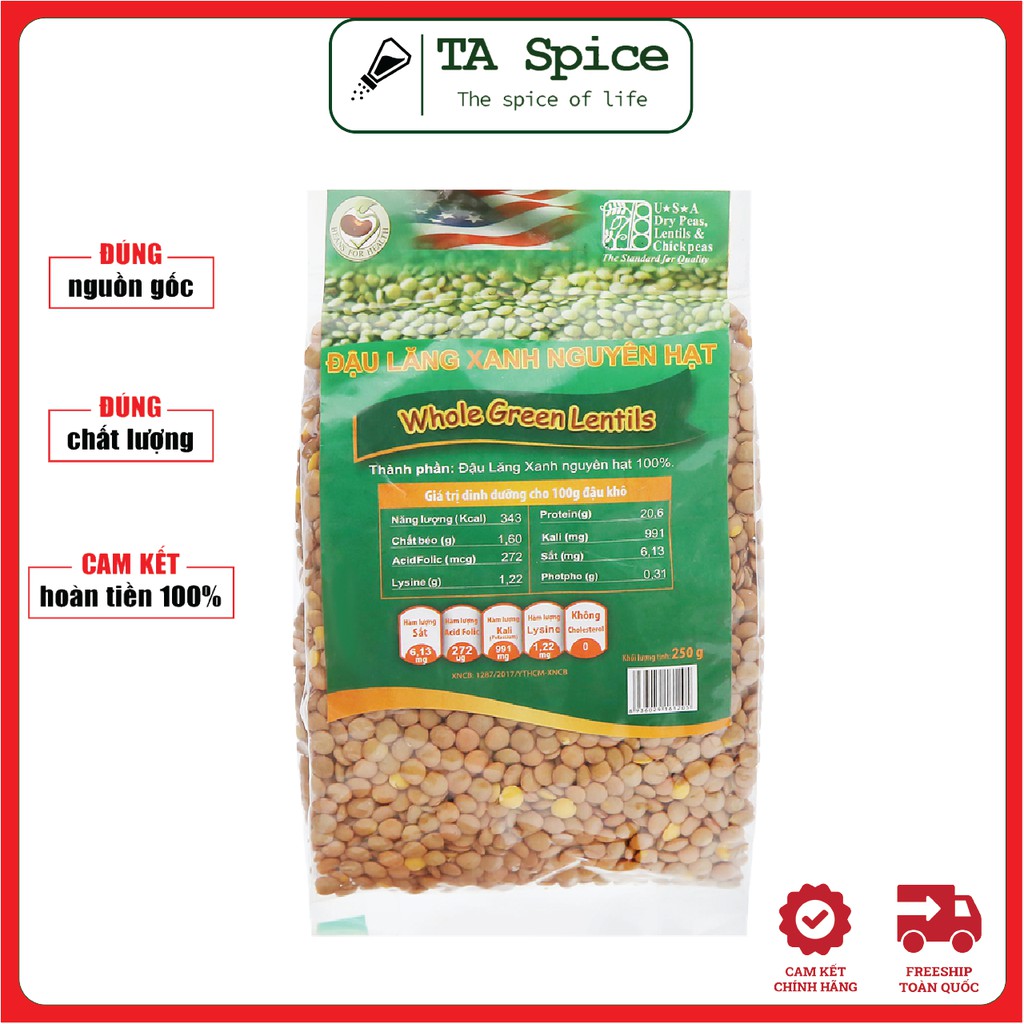 Đậu Lăng Xanh Hữu Cơ - NON GMO, không Gluten, không Cholesterol - 250gr - Organic Green Lentils