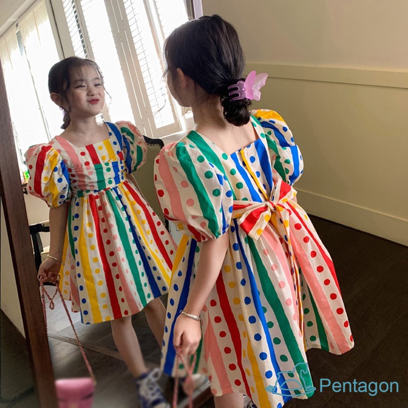 Đầm Công Chúa Tay Phồng Họa Tiết Chấm Bi Màu Cầu Vồng Phong Cách Hàn Quốc Thời Trang Mùa Hè Cho Bé Gái