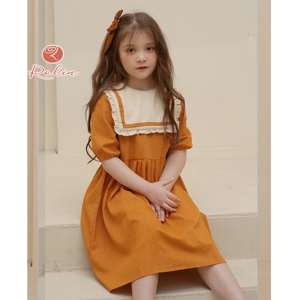 Váy bé gái vintage cổ yếm phối ghi ROLIA Donna Dress chất vải linen, mặc xinh điệu sang V98