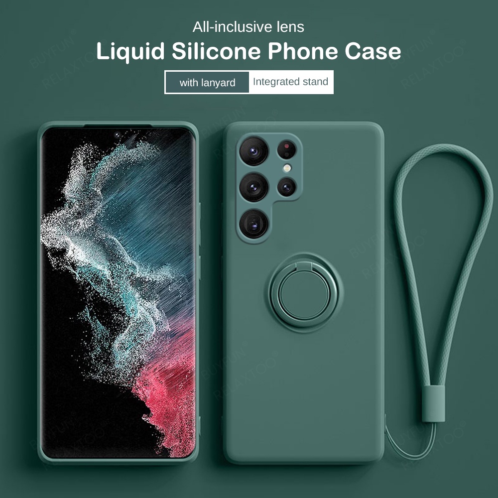 Soft Liquid Silicone Phone Cover For Samsung Galaxy S22 Ultra S 22 Plus 5G Magnet Ring Holder Strap Case Cover