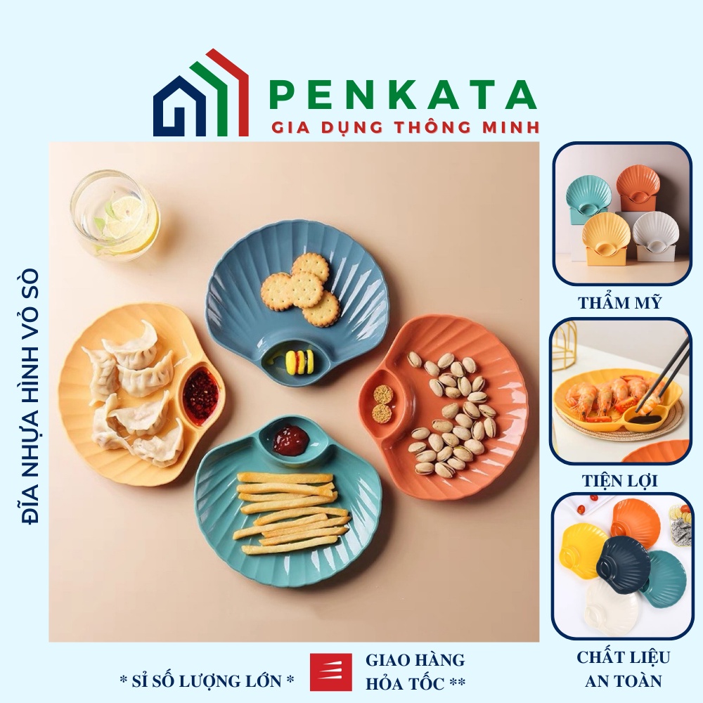 Đĩa đựng hoa quả, bánh kẹo, đồ ăn vặt, đĩa nhựa hình vỏ sò có ngăn đựng gia vị tiện lợi PENKATA 15DVS