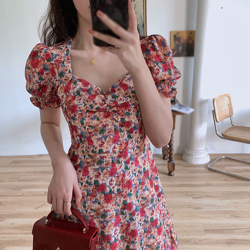 Váy body Tay Ngắn Cổ Vuông In Họa Tiết Hoa Quyến Rũ Phong Cách Hàn Quốc Dành Cho Nữ