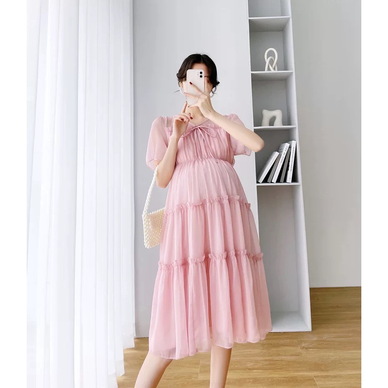 Đầm bầu dáng xòe bồng bềnh,váy bầu chất liệu voan lót lụa cao cấp thoáng mát, nhẹ tênh Tkutrang