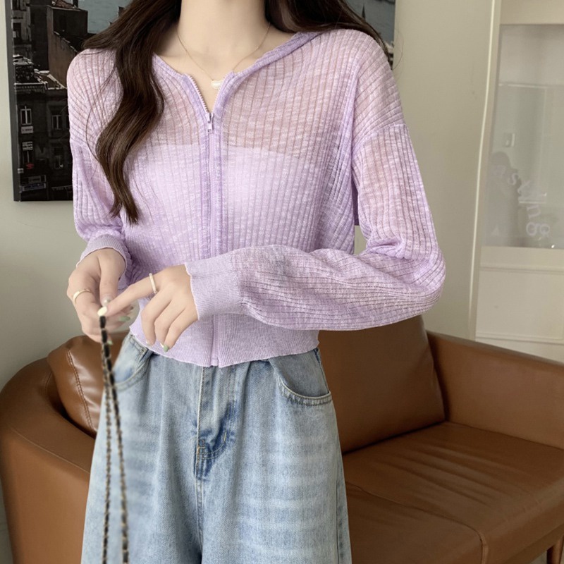Áo Khoác Cardigan Dệt Kim Mỏng Tay Dài Phối Khóa Kéo Chống Nắng Cho Nữ