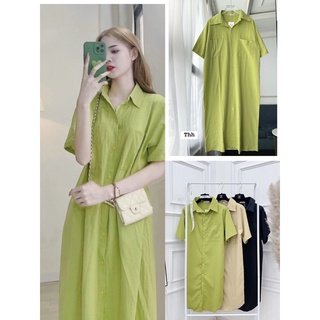 Váy Đầm Sơ Mi Ngắn Tay Cổ Đức Phối Túi Ngực Vạt Bầu Dáng Suông Chất Thô Mềm Phong Cách Thanh Lịch