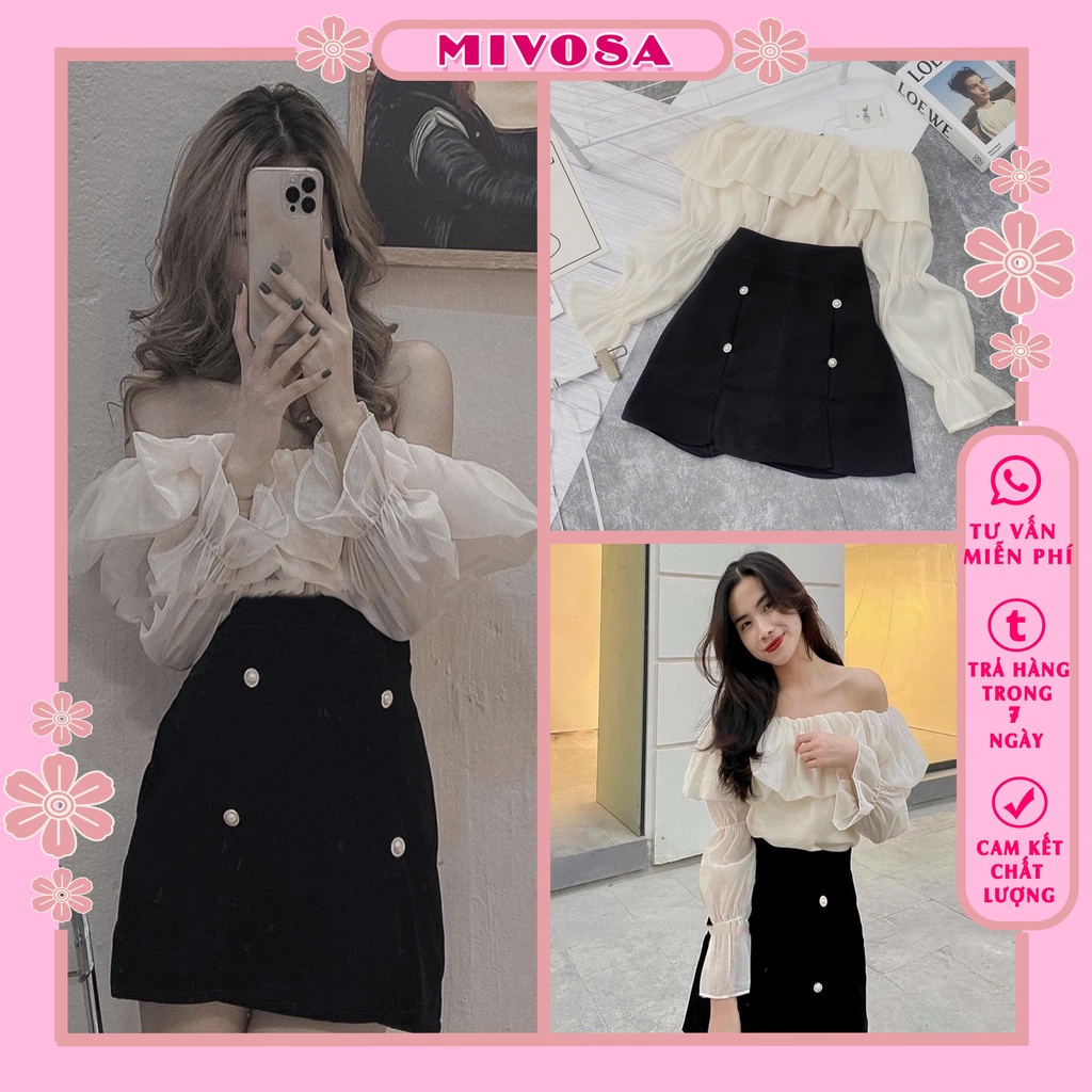 Set chân váy áo bèo tơ nhũ trễ vai mix chân váy nhung ngắn chữ a MIVOSA SV323