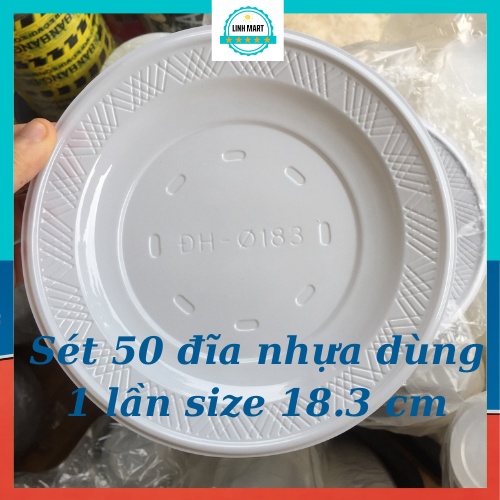 Túi 50 đĩa nhựa 18.3cm, đĩa nhựa dùng 1 lần, đĩa đựng xôi LINHMART