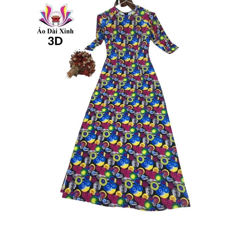 Áo dài truyền thống in 3D cổ tròn tay lỡ họa tiết chấm tròn