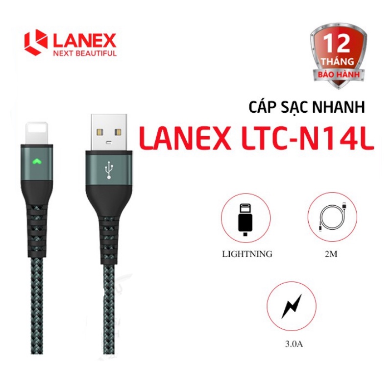 Cáp sạc nhanh LANEX LTC - N14L Lightning 3.0A dài 2m có đèn led thumbnail