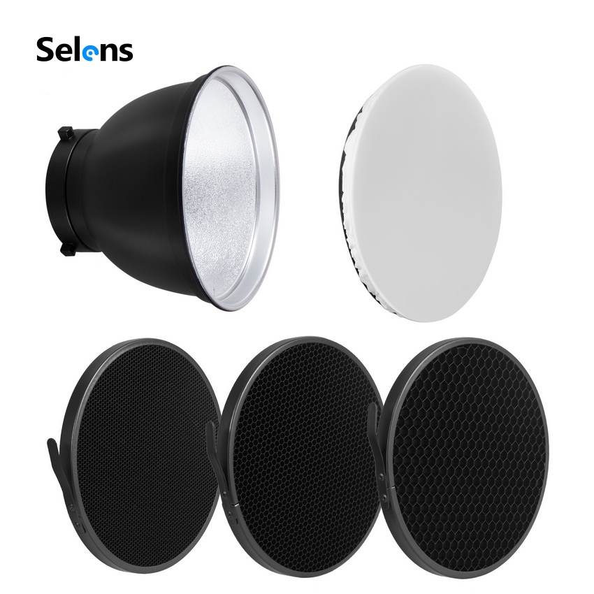 Đĩa chụp đèn hắt sáng Selens 18cm kèm 3 lưới tổ ong cho đèn flash Bowens