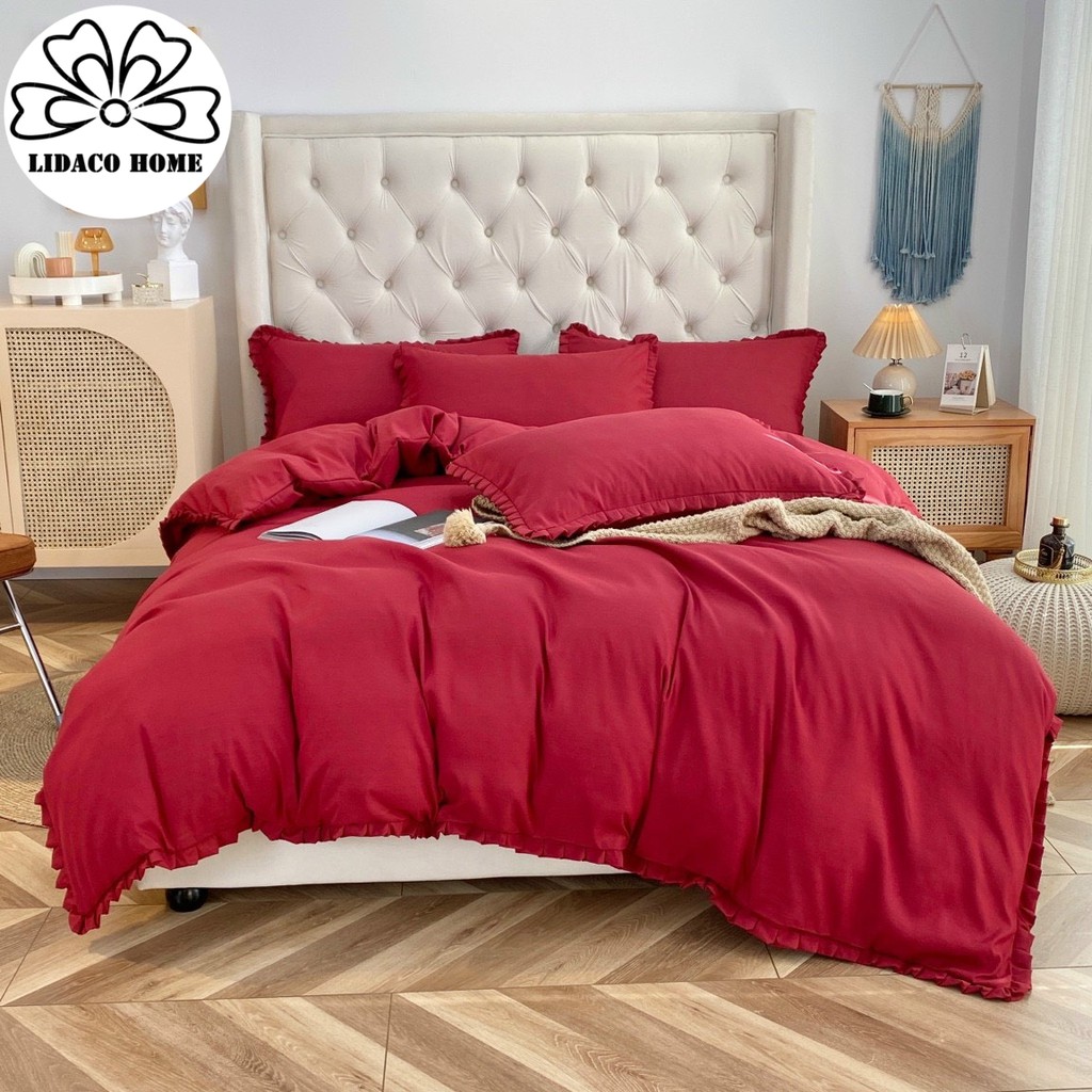 Bộ Chăn Ga Gối Cotton TICI LIDACO Bèo trơn - Đỏ Đậm