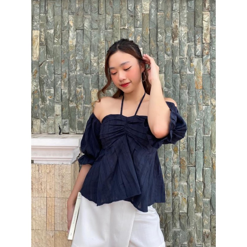 Áo kiểu nữ trễ vai cúp ngực thời trang GAGO tie-neck open shoulder top màu xanh đen GA3401 | BigBuy360 - bigbuy360.vn