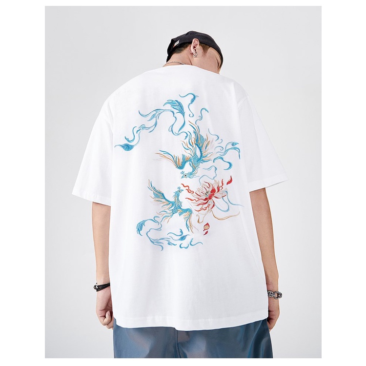 Áo thun tay ngắn thêu hình chim phượng hoàng thời trang cho nam