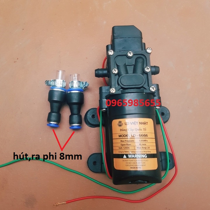 máy bơm nước mini 12v áp lực cao - (bơm tăng áp Việt nhật 12v + chuyển ống 8mm)