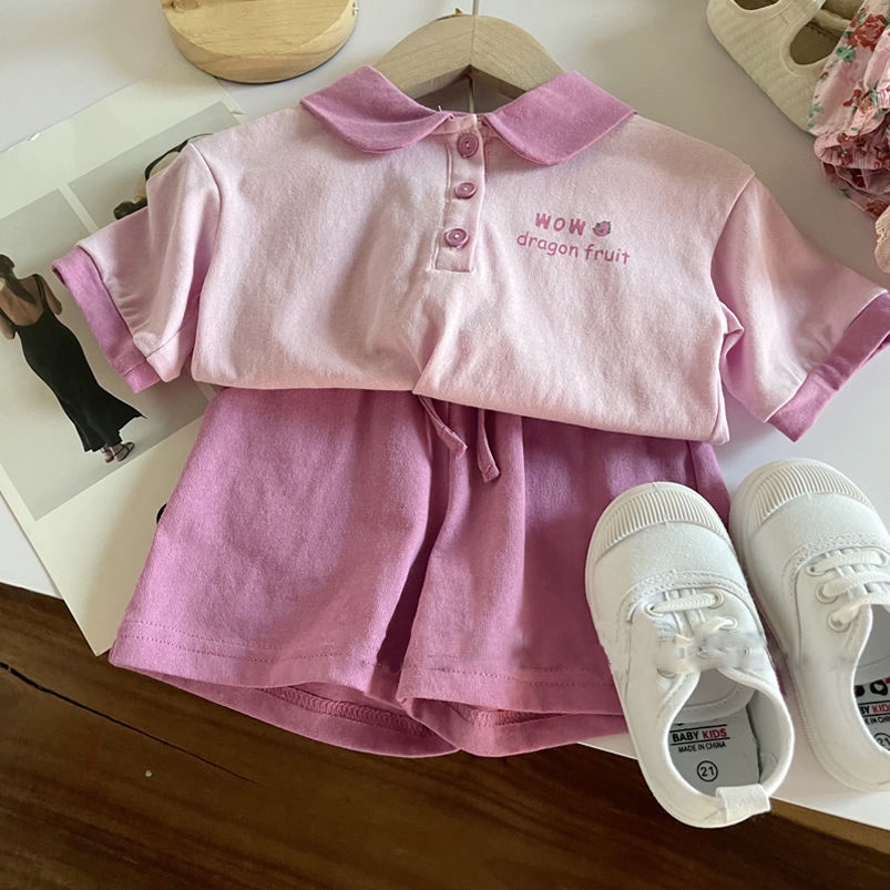 Bộ Áo Thun 100% Cotton Ngắn Tay Cổ Bẻ + Quần Short Màu Tím Phong Cách Hàn Quốc Thời Trang Mùa Hè Mới Cho Bé Gái