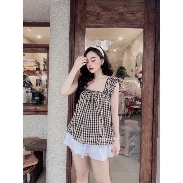 [SET ĐỒ BỘ] Set Trang Phục Nữ Áo 2 Dây Cánh Tiên Kẻ Phối Quần Màu Siêu Thoải Mái | BigBuy360 - bigbuy360.vn