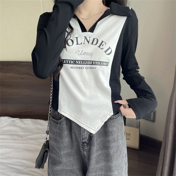 Jiashucheng Áo Thun polo Tay Dài Hở Vai Ôm Dáng Màu Sắc Tương Phản Thời Trang Thu Đông Cá Tính Cho Nữ Ir