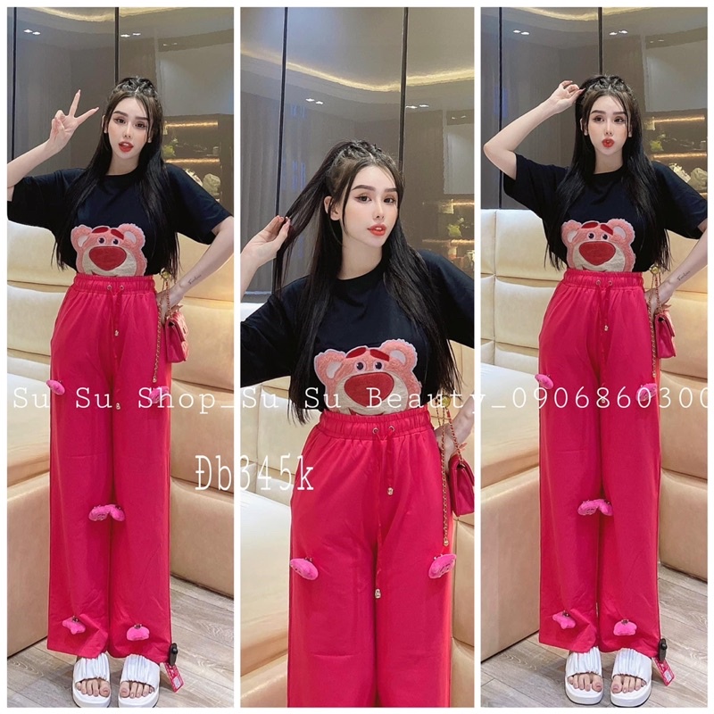 Set áo cotton gấu thêu quần suông đính gấu hình thật