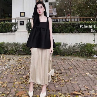 Set áo babydoll tăcta 2 dây phối quần lụa suông rộng!