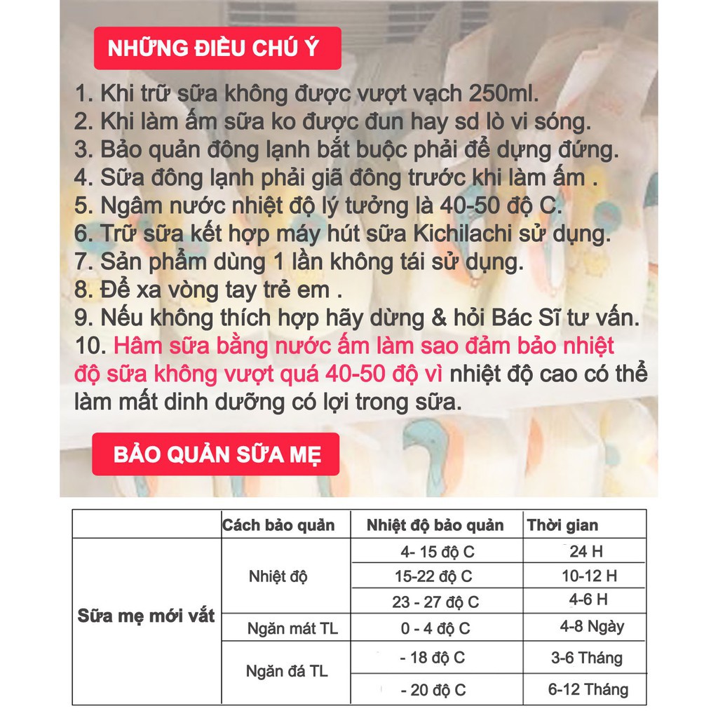 10 - 50 Túi trữ sữa 250ml không BPA, không mùi &amp; 2 khóa zip an toàn cho Bé KICHILACHI (Hình chim cánh cụt dễ thương)