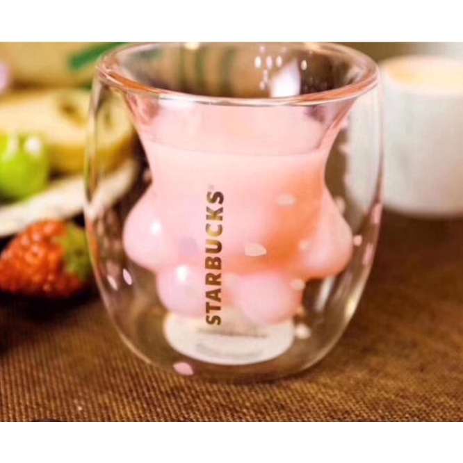 Cốc thủy tinh Starbucks uống cà phê/ sữa/ trà sữa hình dấu chân mèo màu hồng/ tím