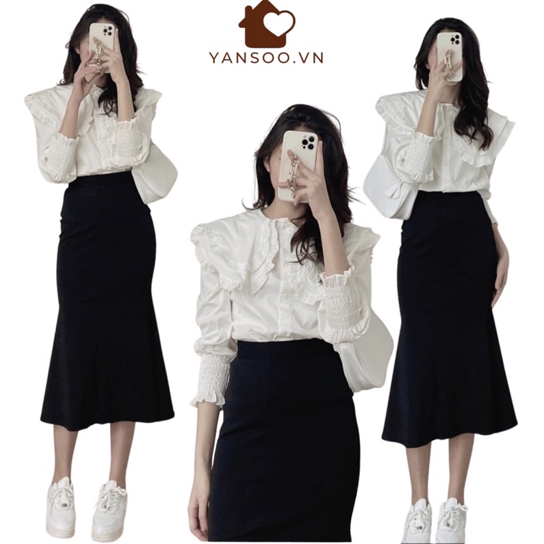Sét áo somi cổ sen tay bo chun mic chân váy đuôi cá dáng dài chất conton co giãn 4 chiều by YANSOO
