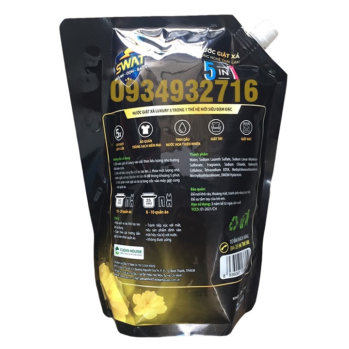 Nước Giặt Xả 5 in 1 SWAT Hương Luxury Siêu Thơm 2.2kg/3.8kg - Siêu tiết kiệm giúp diệt khuẩn, công nghệ lưu hương kép
